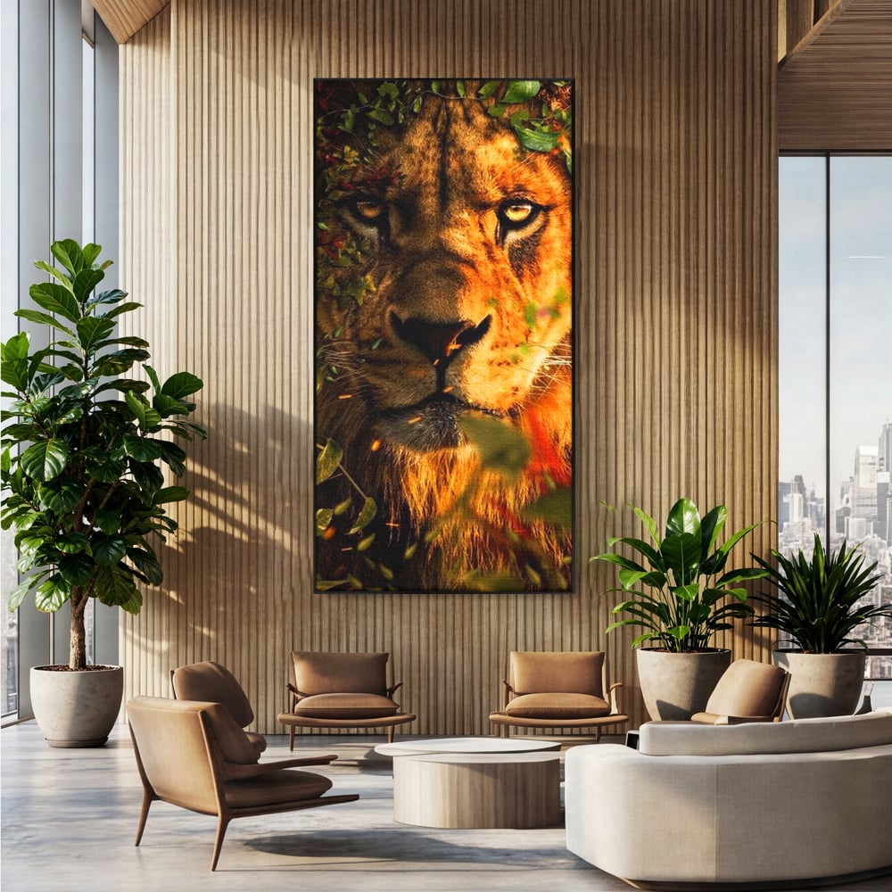 Tablou canvas cu tablou canvas cu leu mascat in frunzis, in rama de aluminiu negru, pe perete intr-un birou